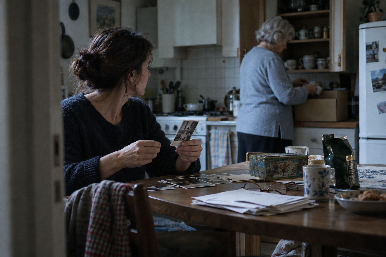 Une femme regarde sa mère en tenant une ancienne photographie familiale pendant qu’elles rangent les affaires d’un proche décédé.