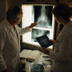 Deux médecins réexaminent attentivement plusieurs clichés médicaux au cours d’un staff hospitalier.