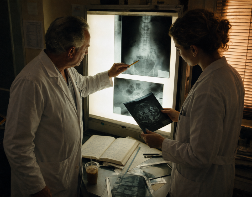 Deux médecins réexaminent attentivement plusieurs clichés médicaux au cours d’un staff hospitalier.