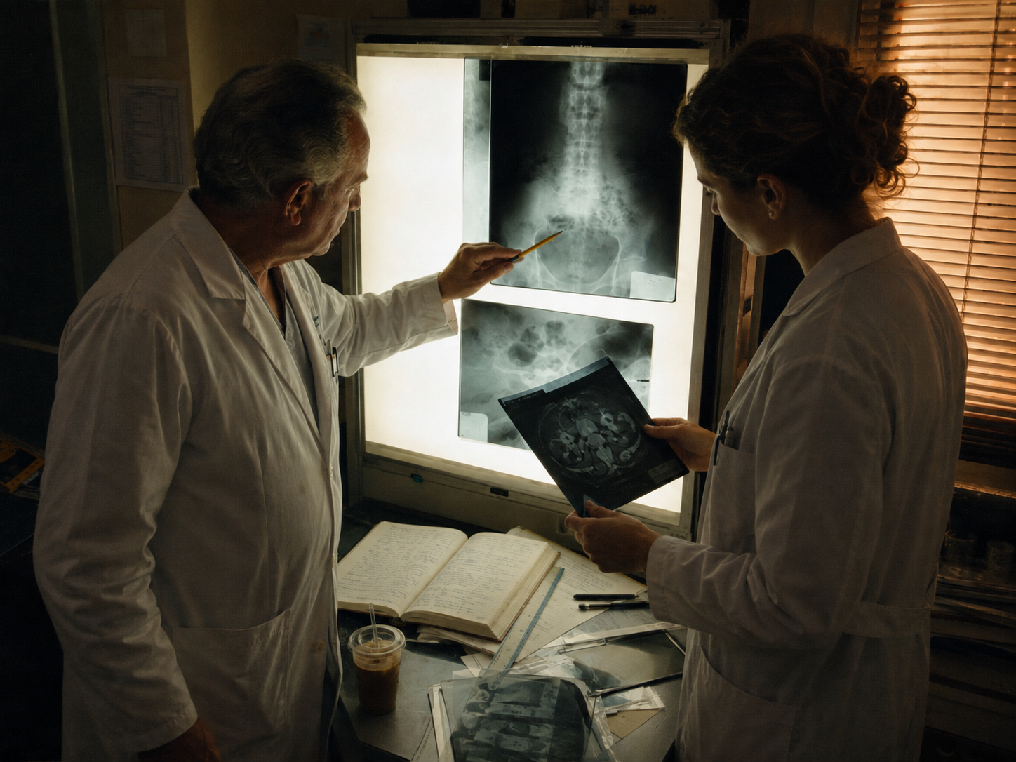 Deux médecins réexaminent attentivement plusieurs clichés médicaux au cours d’un staff hospitalier.