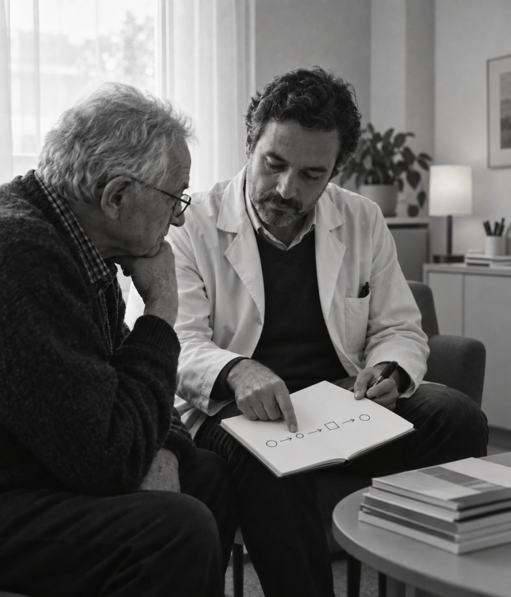 Un médecin explique progressivement les prochaines étapes de sa prise en charge à un patient.