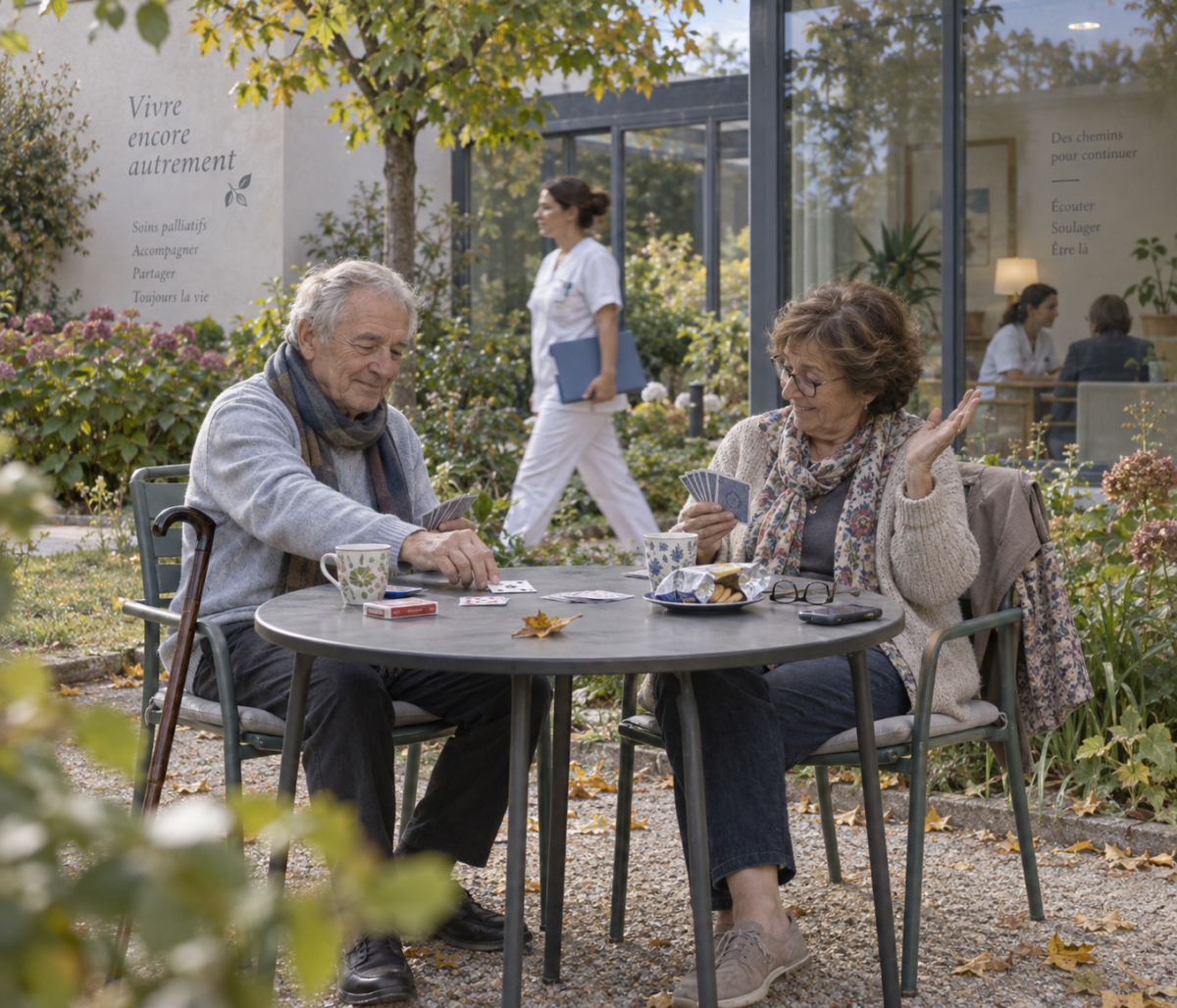 Un homme malade joue aux cartes avec sa femme dans le jardin d’une unité de soins palliatifs.