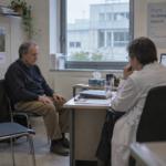 Un homme malade joue aux cartes avec sa femme dans le jardin d’une unité de soins palliatifs.