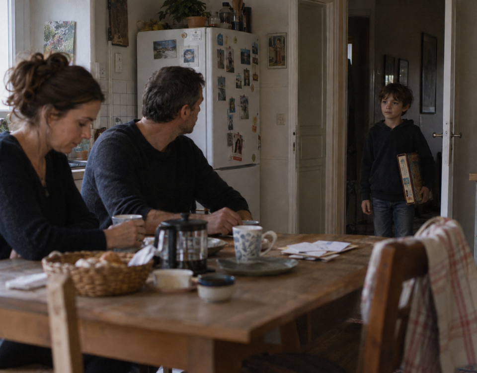 Un enfant entre dans une cuisine au moment où deux adultes interrompent leur conversation.