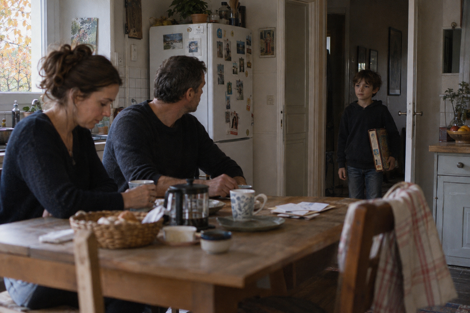 Un enfant entre dans une cuisine au moment où deux adultes interrompent leur conversation.