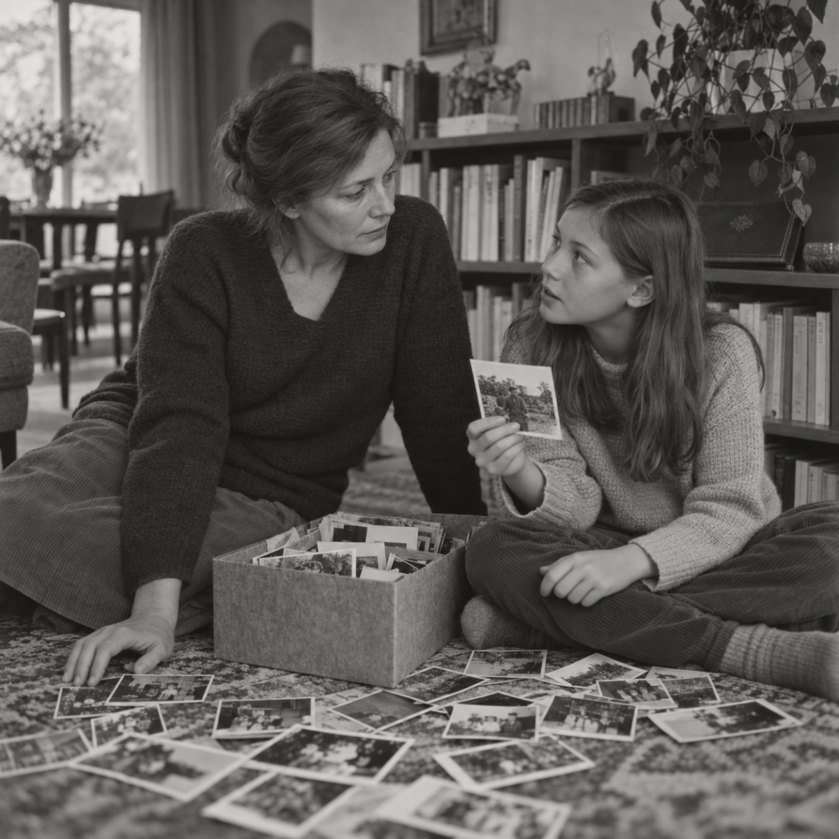 Une mère répond à sa fille qui l’interroge en regardant d’anciennes photographies familiales.
