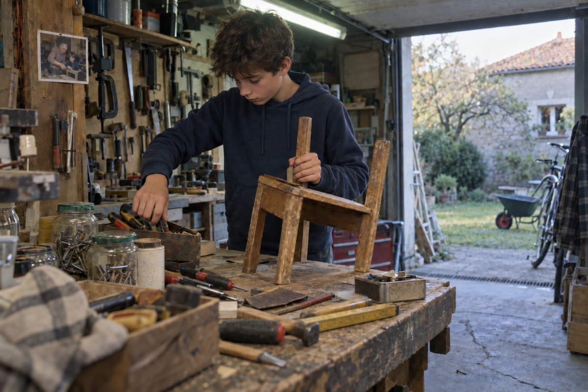Un adolescent travaille sur l’ancien établi de son grand-père avec les outils qu’il lui a laissés.