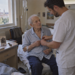 Un aide-soignant aide un patient âgé et perfusé à boutonner son pyjama dans une chambre d’hôpital.