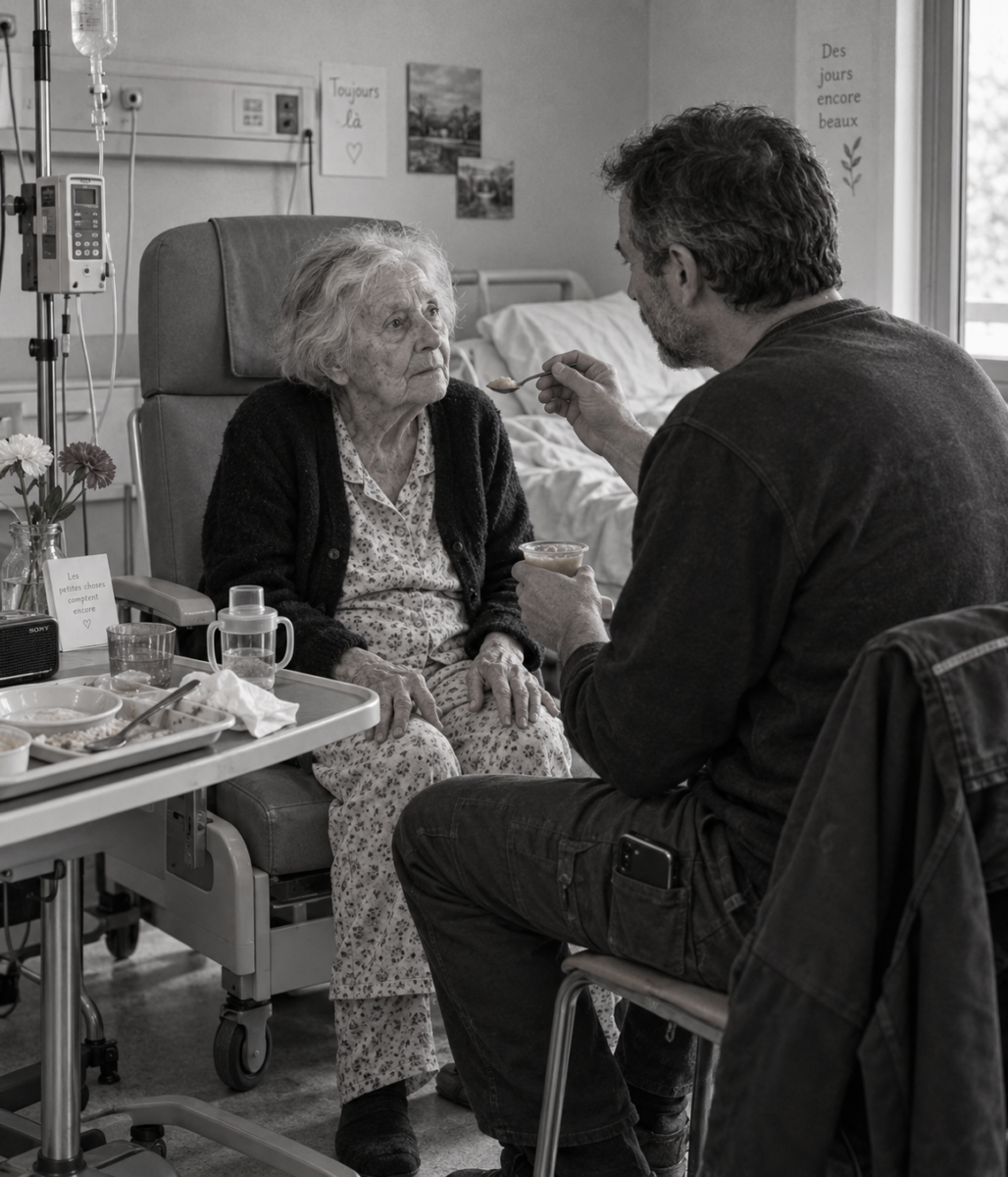 Un fils aide sa mère âgée et dépendante à prendre son repas dans une chambre d’hôpital.