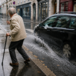 Un homme âgé recule instinctivement au bord d’une chaussée mouillée au passage d’une voiture.