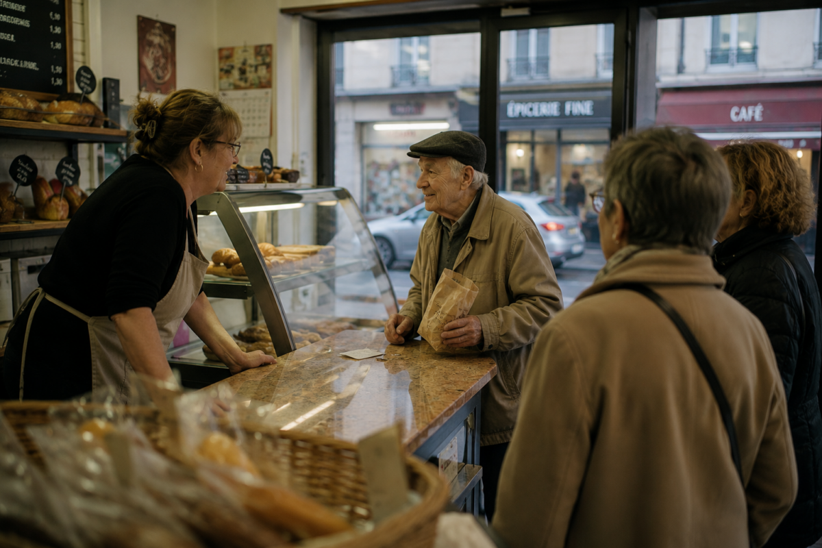 Un homme âgé prolonge une conversation avec une boulangère alors que son achat est déjà terminé.