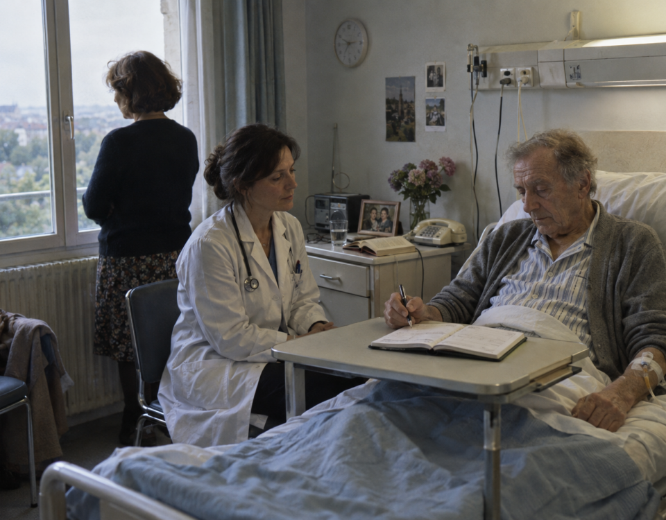 Un patient hospitalisé et perfusé tient un stylo au-dessus d’un agenda ouvert.