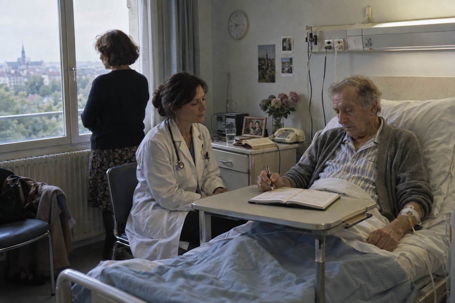 Un patient hospitalisé et perfusé tient un stylo au-dessus d’un agenda ouvert.