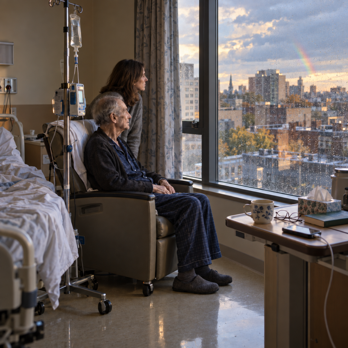 Un patient gravement malade et sa fille regardent le ciel après la pluie depuis une chambre d’hôpital.