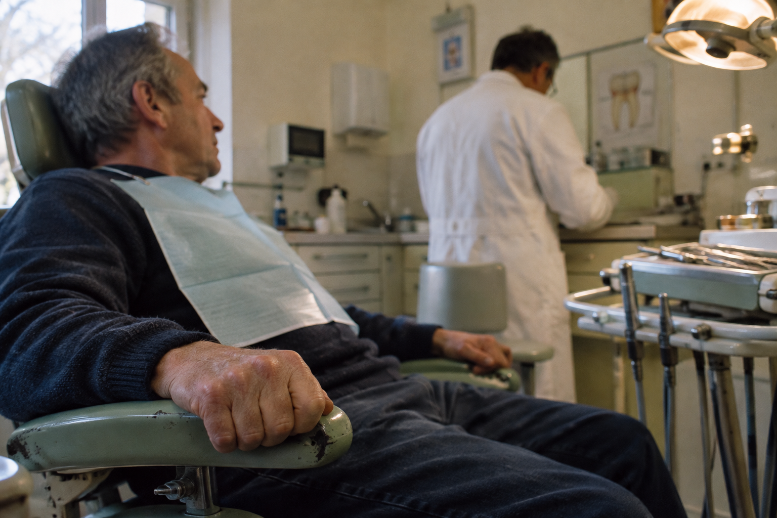 Un patient serre inconsciemment l’accoudoir d’un fauteuil tandis que son dentiste prépare le soin.