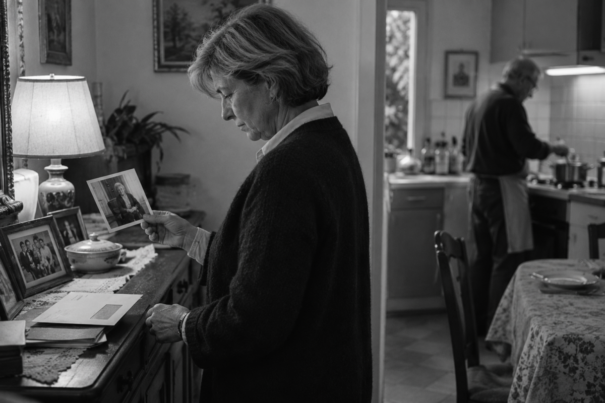 Une femme malade regarde une ancienne photographie de sa mère tandis que son compagnon prépare le dîner.