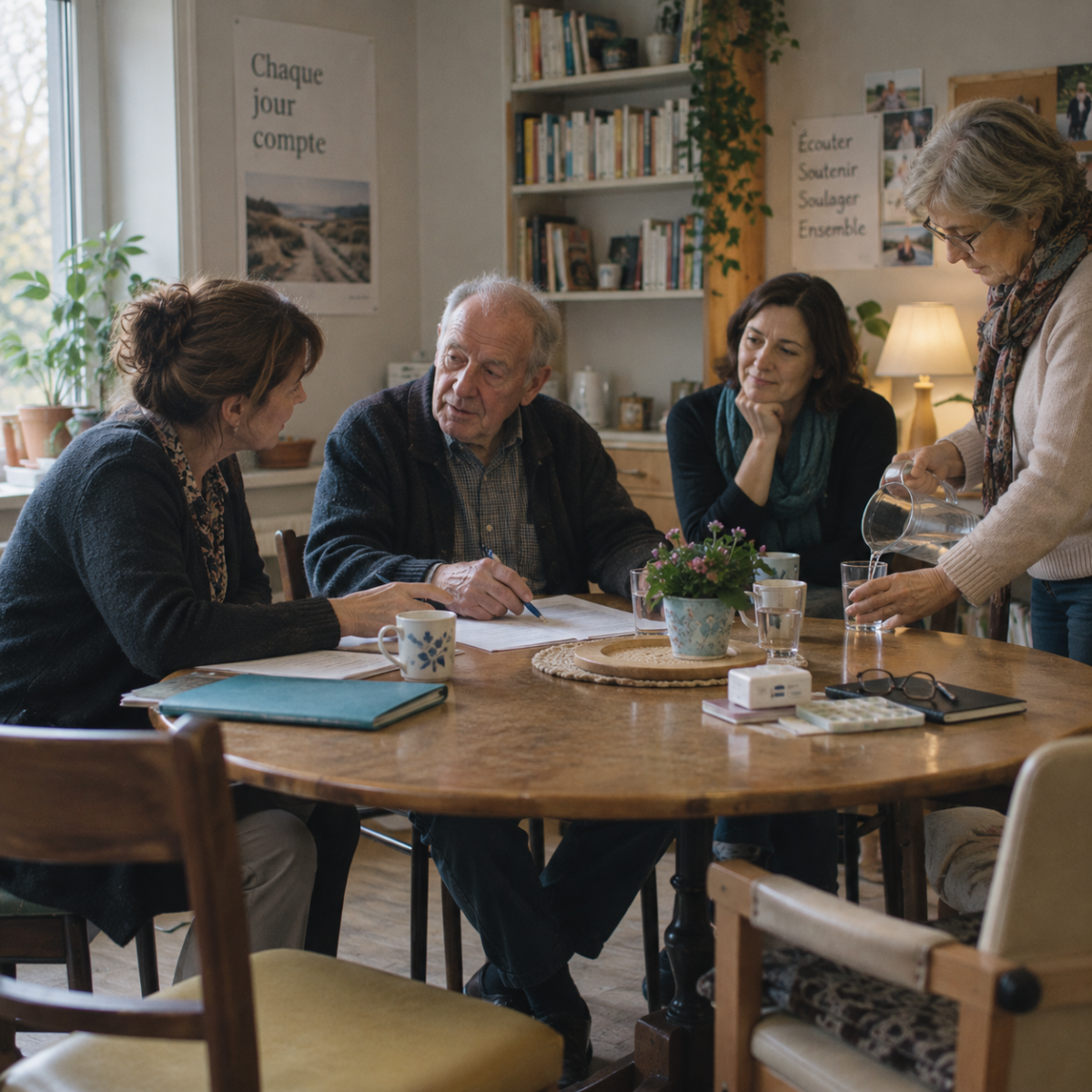 Un patient échange autour d’une table avec une médecin, une psychologue et son épouse dans un service de soins palliatifs.