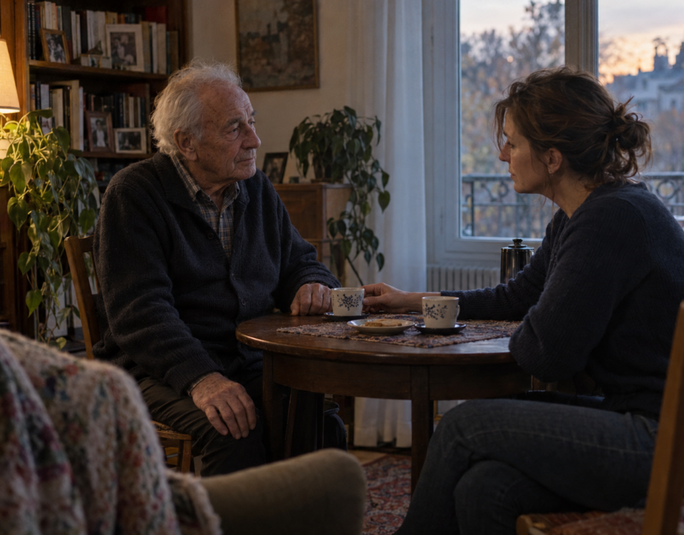 Une fille échange avec son père malade autour d’une table et rapproche doucement sa tasse vers lui.