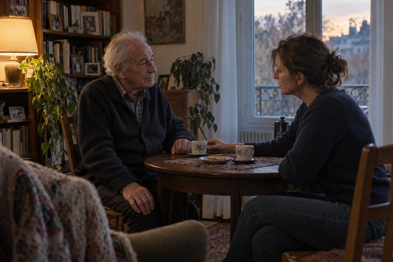 Une fille échange avec son père malade autour d’une table et rapproche doucement sa tasse vers lui.