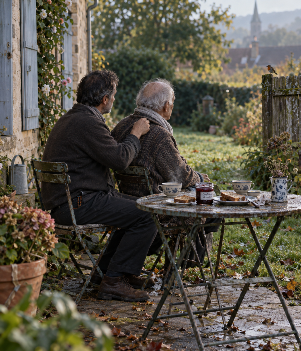 Un fils remet le gilet de son père malade sur son épaule pendant qu’ils prennent leur petit-déjeuner dans le jardin.