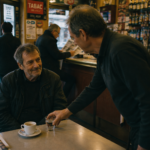 Un homme fatigué esquisse un léger sourire tandis que le patron d’un café lui adresse quelques mots.
