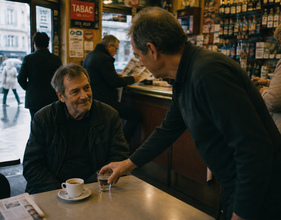 Un homme fatigué esquisse un léger sourire tandis que le patron d’un café lui adresse quelques mots.