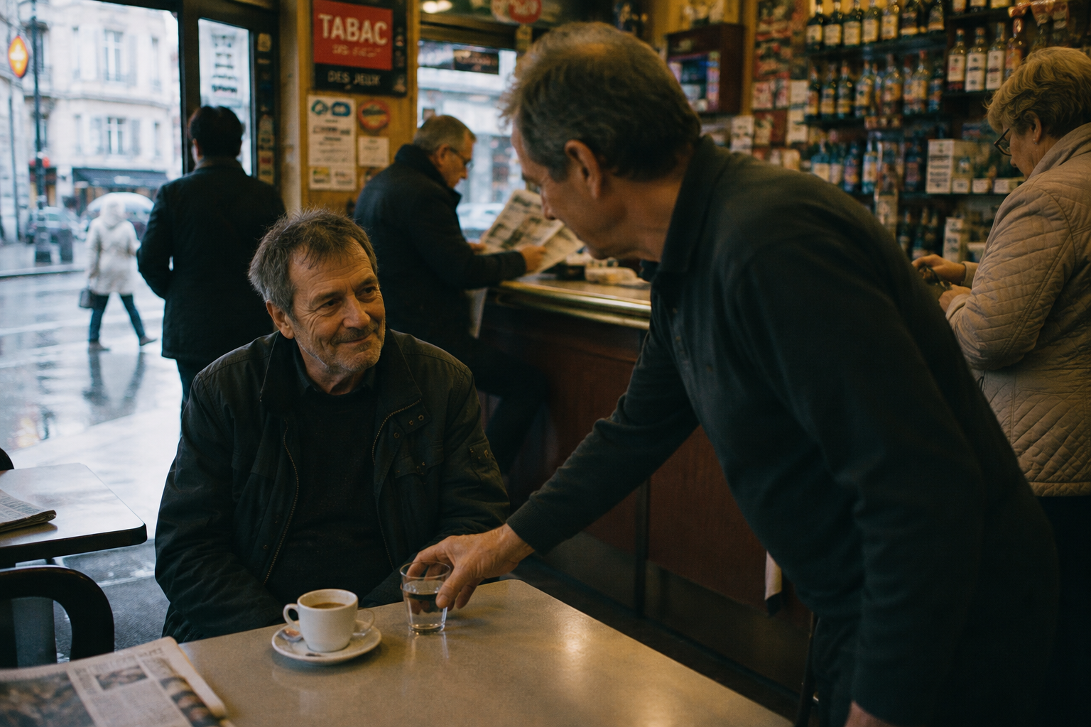 Un homme fatigué esquisse un léger sourire tandis que le patron d’un café lui adresse quelques mots.