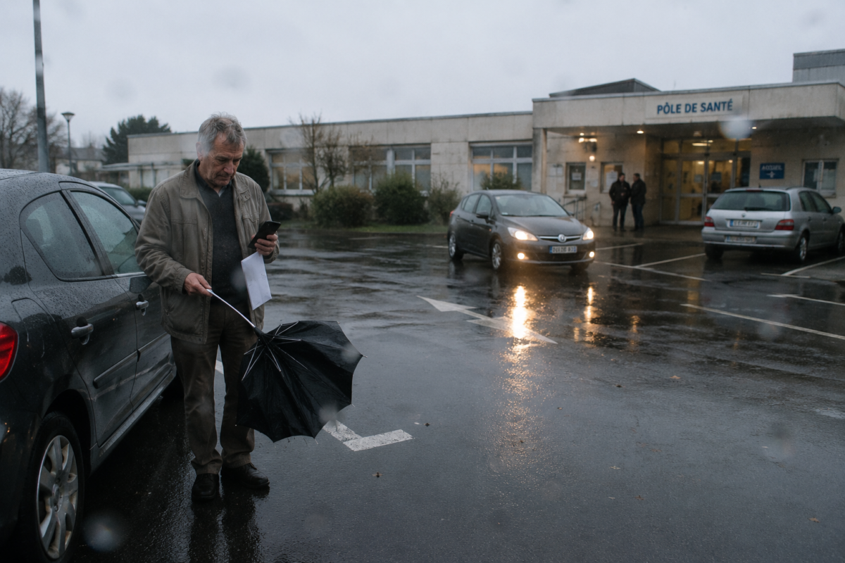 Un homme fatigué reste quelques instants sous la pluie avec son parapluie retourné sur le parking d’un centre médical.