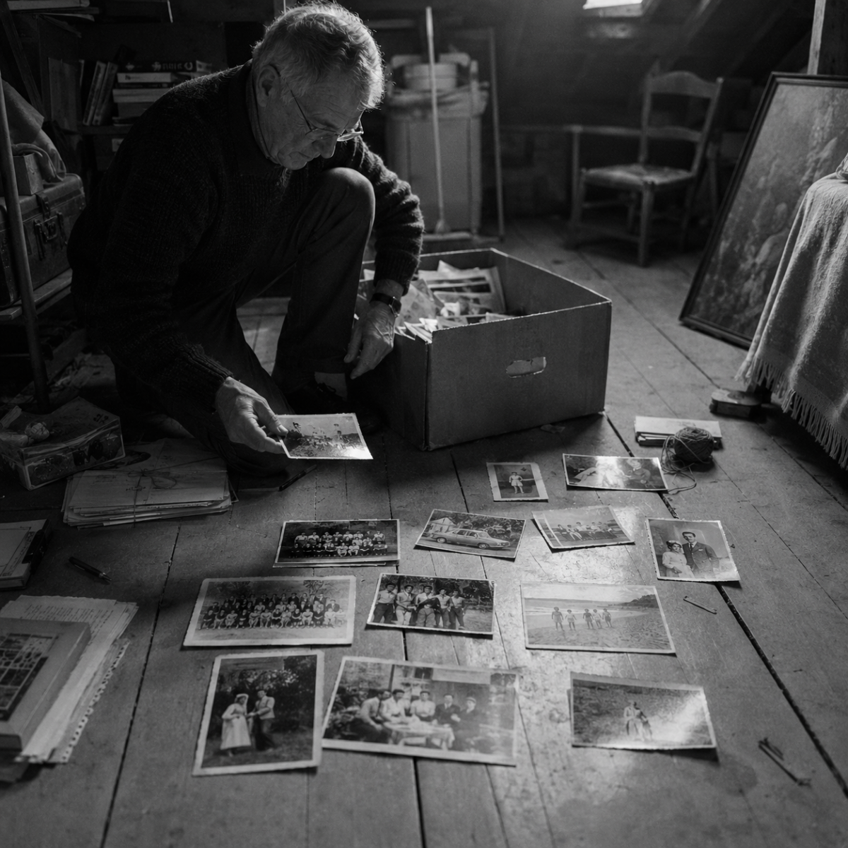 Un homme âgé dispose sur le parquet des photographies représentant différentes périodes de sa vie familiale.