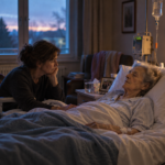 Une femme veille sa mère très malade dans une chambre de soins palliatifs à l’aube.