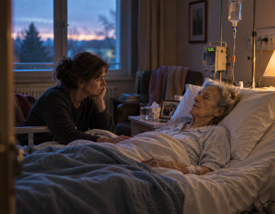 Une femme veille sa mère très malade dans une chambre de soins palliatifs à l’aube.