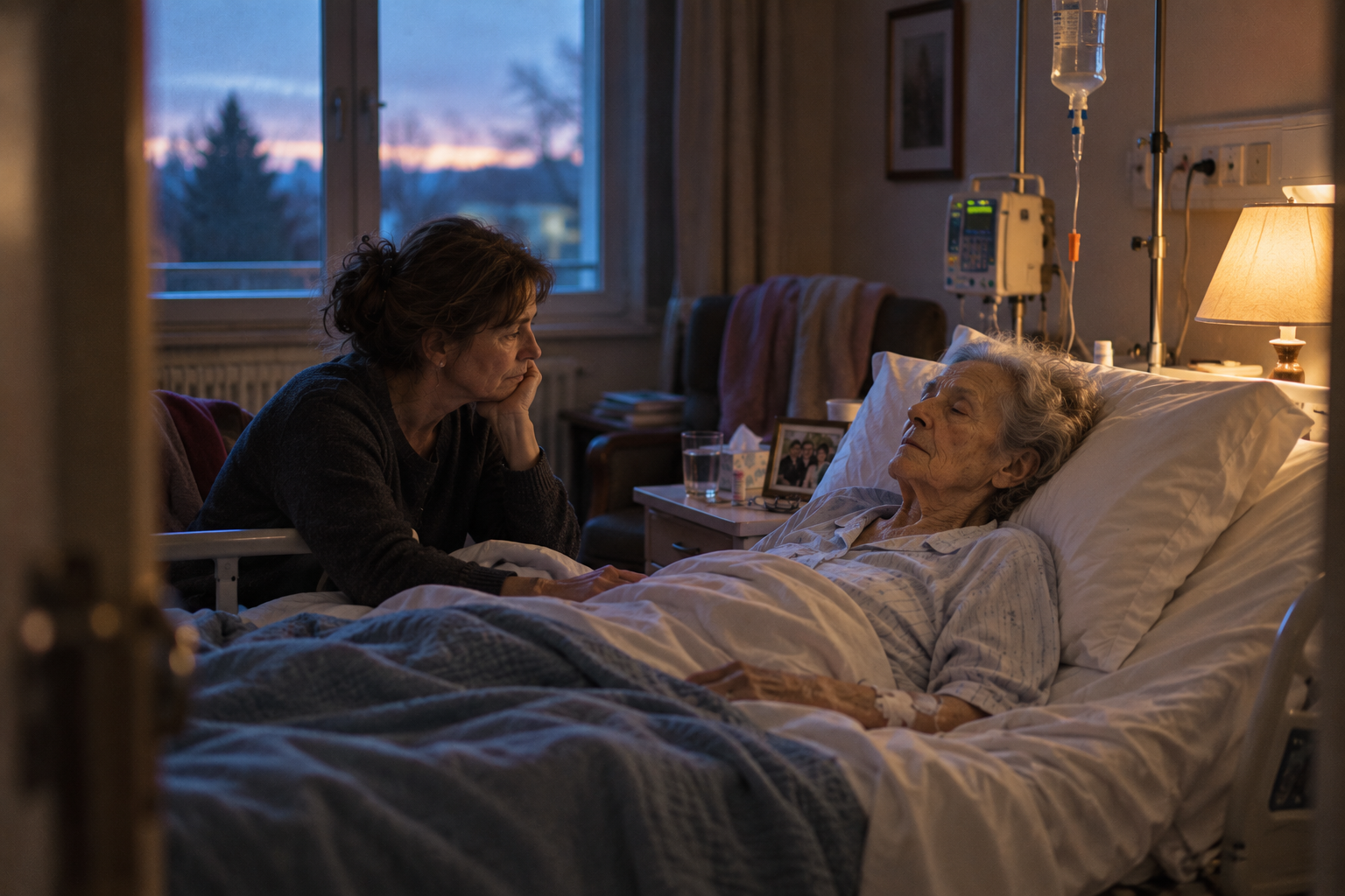 Une femme veille sa mère très malade dans une chambre de soins palliatifs à l’aube.