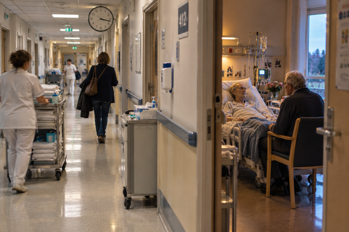 Une patiente gravement malade est visible derrière la porte entrouverte d’une chambre tandis que la vie continue dans le couloir de l’hôpital.