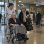 Un homme âgé en fauteuil roulant entre à l’hôpital accompagné de son épouse et d’une soignante.