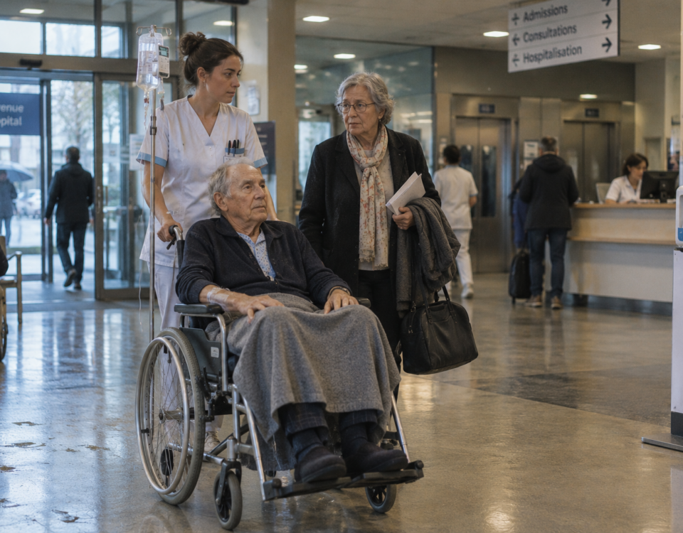 Un homme âgé en fauteuil roulant entre à l’hôpital accompagné de son épouse et d’une soignante.
