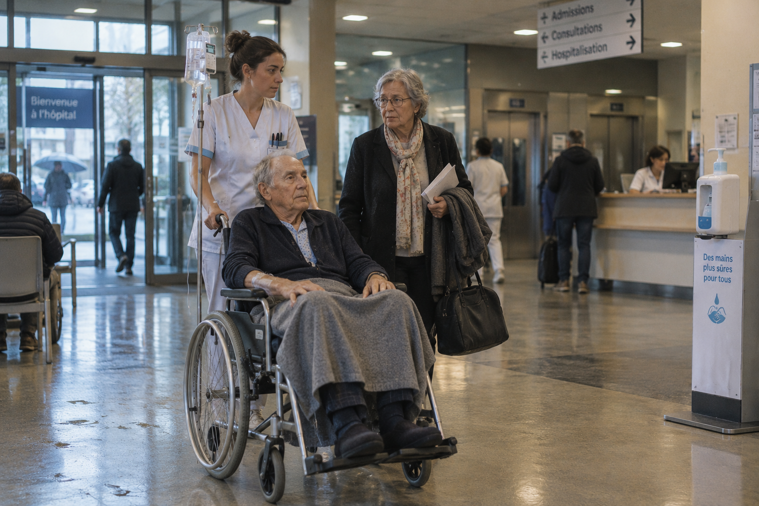 Un homme âgé en fauteuil roulant entre à l’hôpital accompagné de son épouse et d’une soignante.