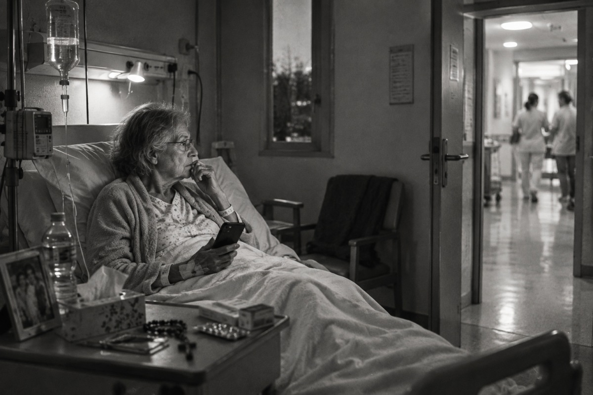 Une patiente âgée et perfusée regarde le couloir depuis son lit d’hôpital.