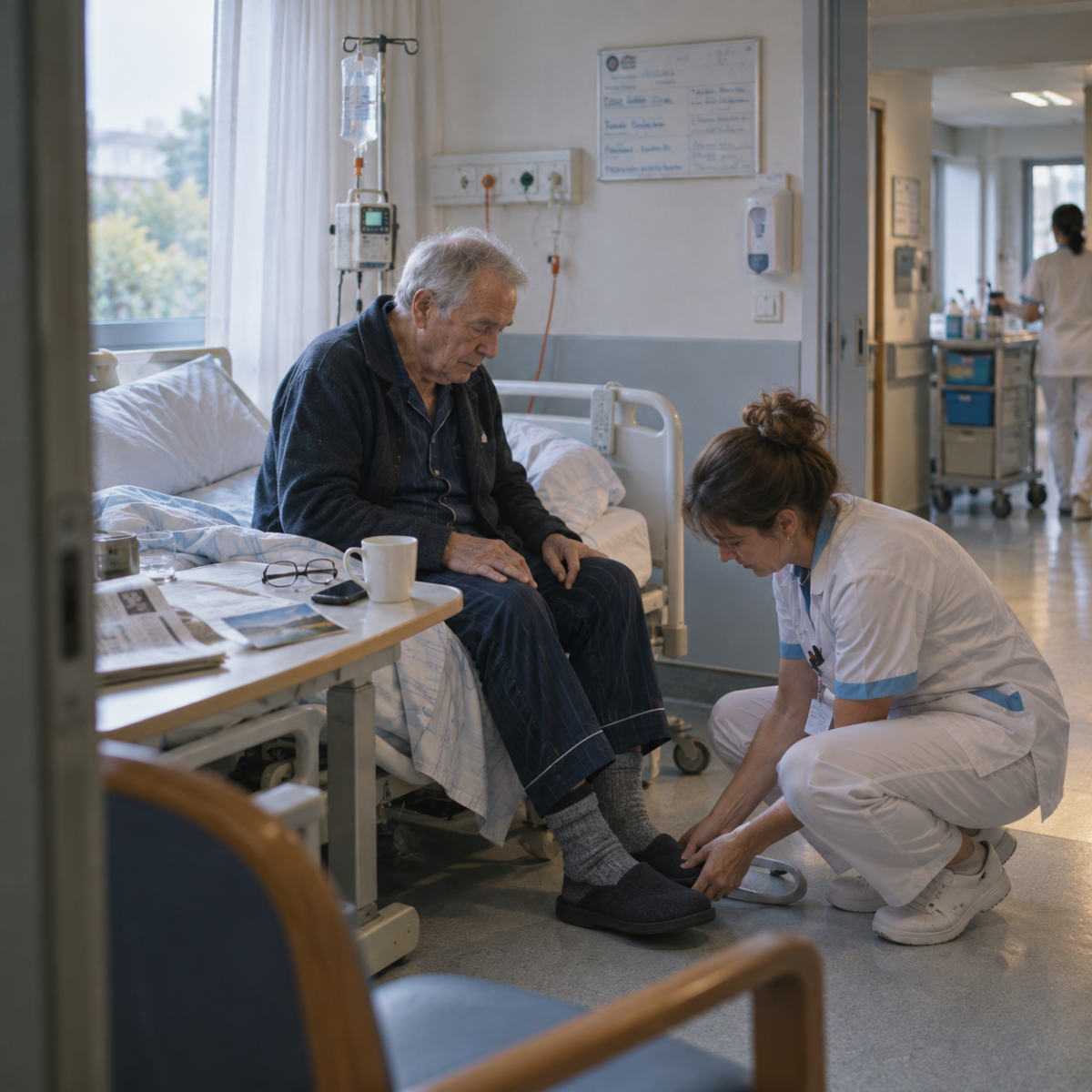 Une infirmière aide un patient âgé en pyjama à remettre correctement sa pantoufle dans une chambre d’hôpital.