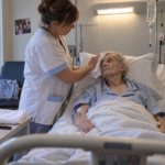 Une aide-soignante lave délicatement le visage d’un patient gravement malade et perfusé.