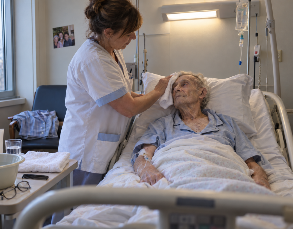 Une aide-soignante lave délicatement le visage d’un patient gravement malade et perfusé.