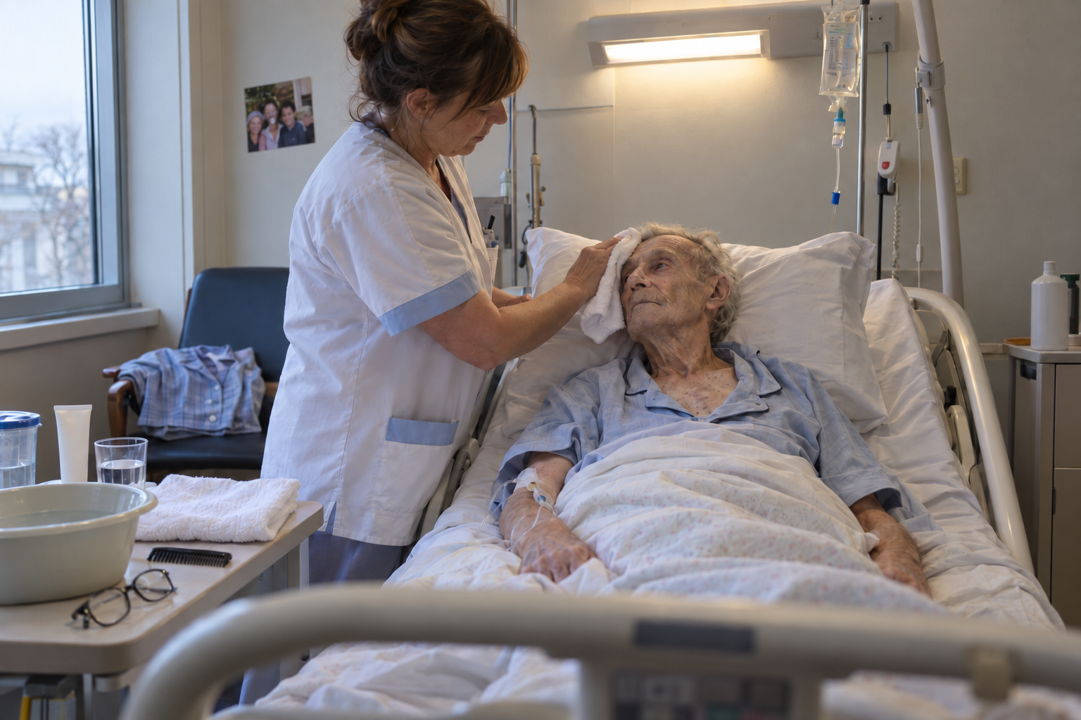 Une aide-soignante lave délicatement le visage d’un patient gravement malade et perfusé.