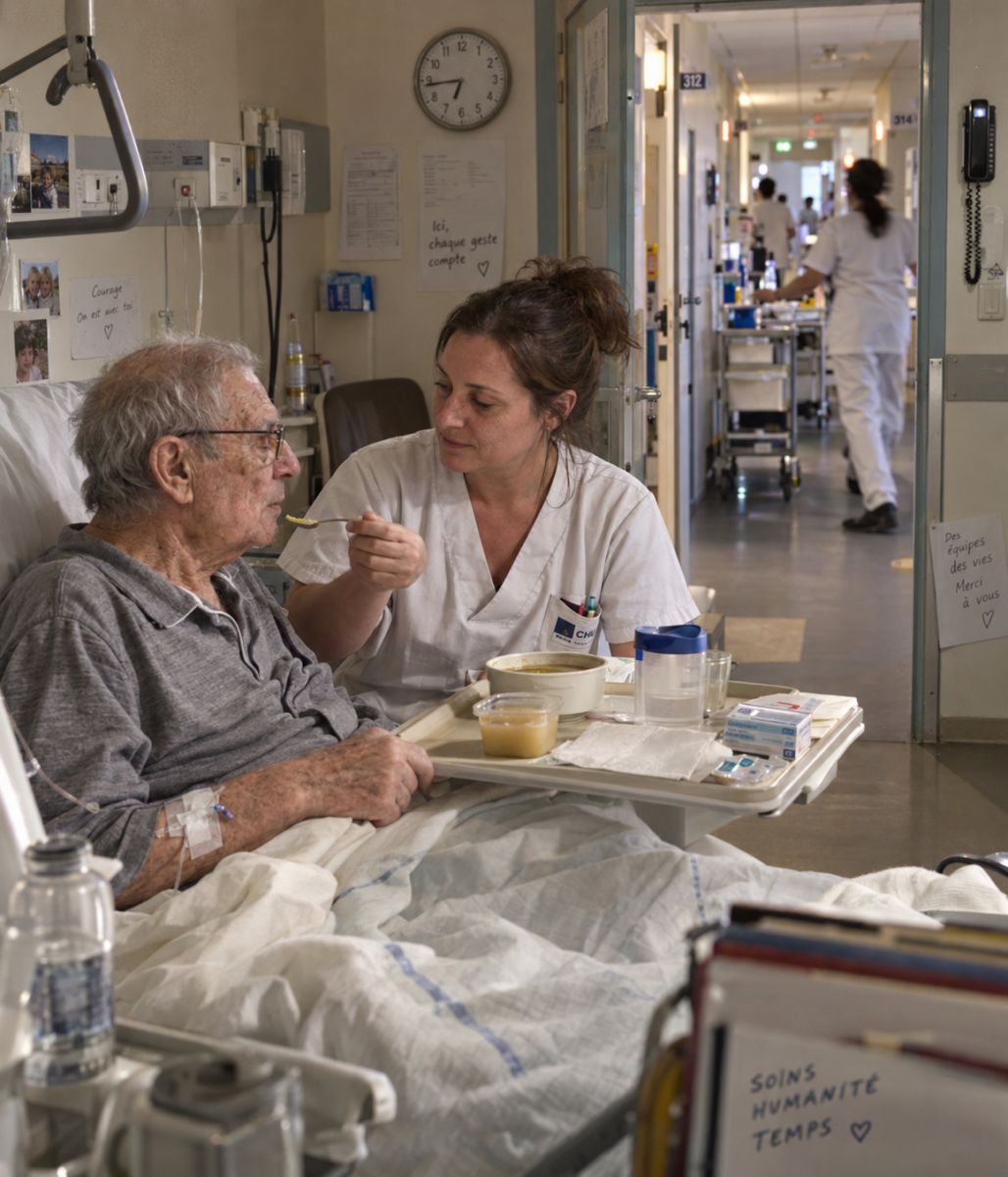 Une aide-soignante prend le temps de nourrir un patient très malade dans un service hospitalier actif.