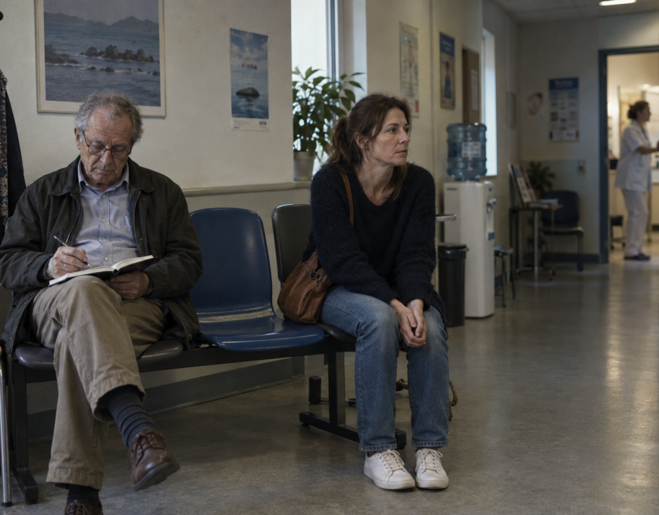 Un homme malade attend une consultation aux côtés de sa fille, un carnet ouvert sur les genoux.