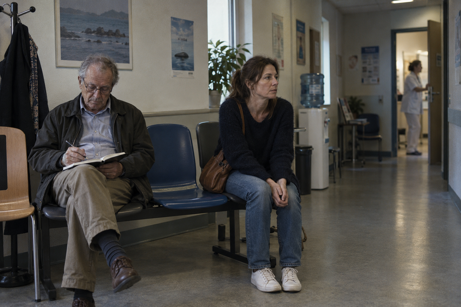 Un homme malade attend une consultation aux côtés de sa fille, un carnet ouvert sur les genoux.