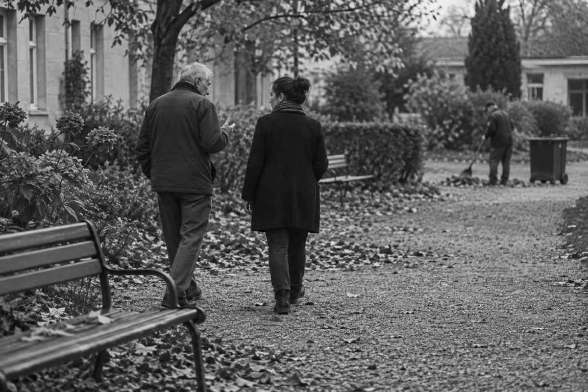Un homme âgé marche dans un jardin aux côtés d’une psychologue qui écoute sa parole.