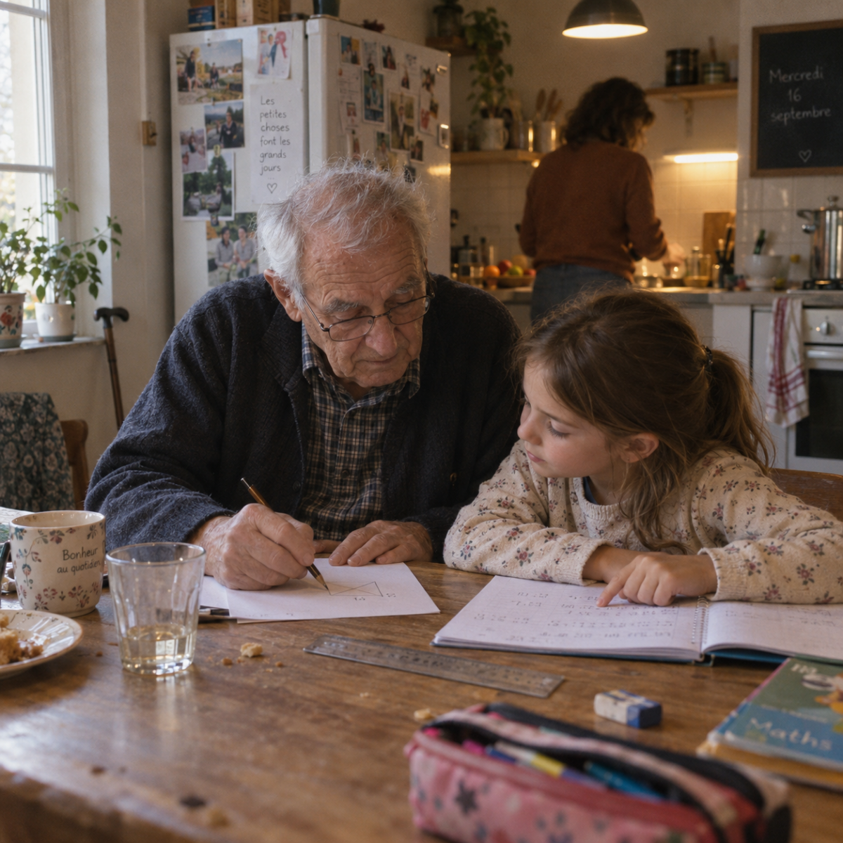Un grand-père aide sa petite-fille à comprendre un exercice sur son cahier à la table de la cuisine.