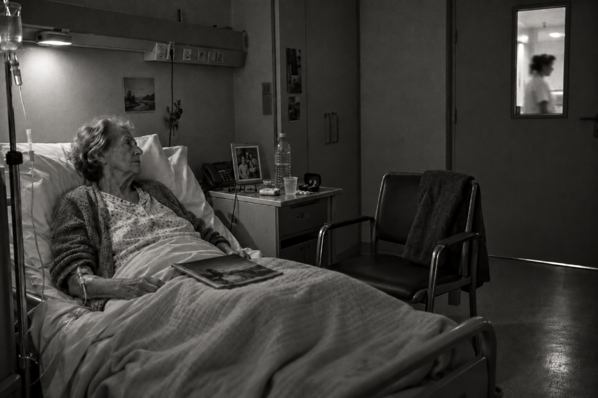 Une patiente hospitalisée reste éveillée seule dans sa chambre après une conversation médicale.