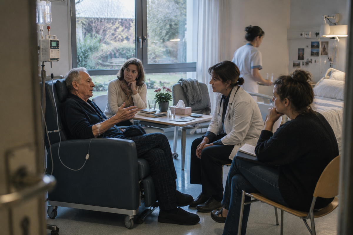 Un patient en pyjama et perfusé parle avec une médecin et une psychologue dans une unité de soins palliatifs.