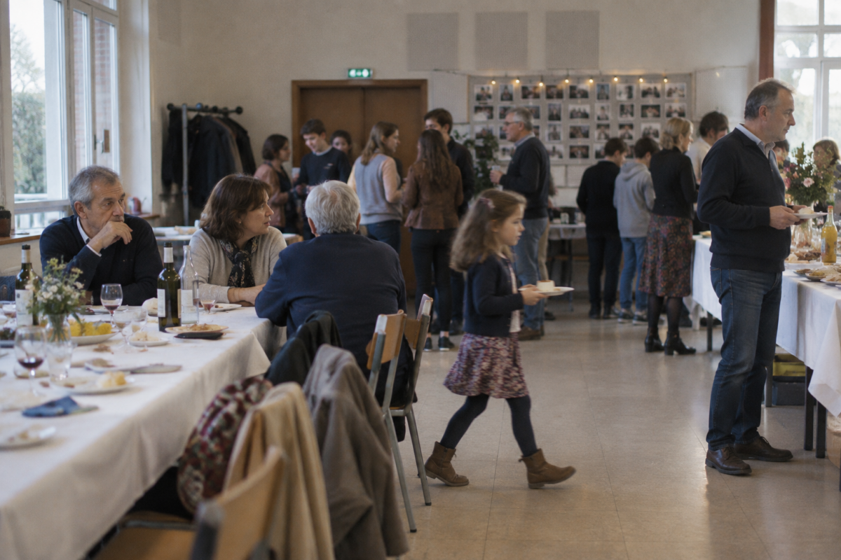 Deux frères restent éloignés l’un de l’autre pendant une fête familiale tandis qu’une enfant traverse la salle.