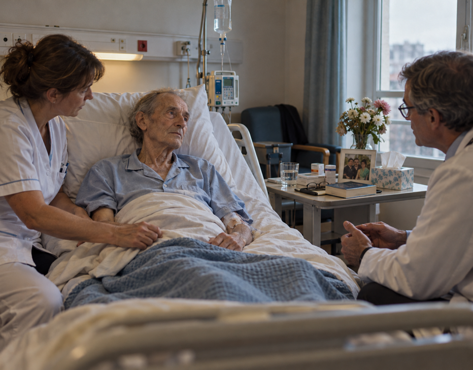 Un patient gravement malade et perfusé échange avec un médecin tandis qu’une infirmière prend soin de lui.